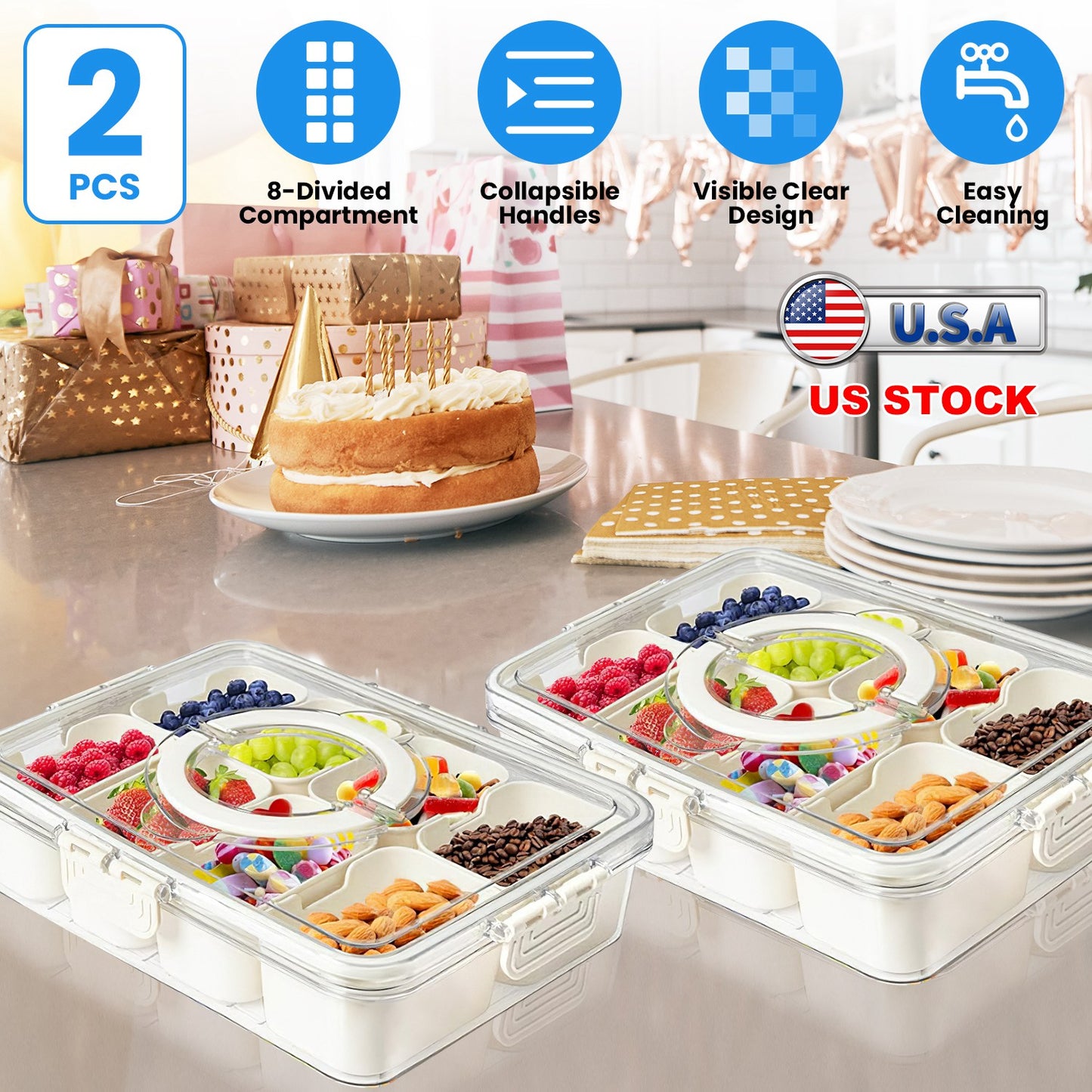 2Pcs Divided Serving Tray 8 Compartments Snack Box Charcuterie Container Clear Snack Platter Organizer Storage Box with Lid Handle for Candy Nuts Cook