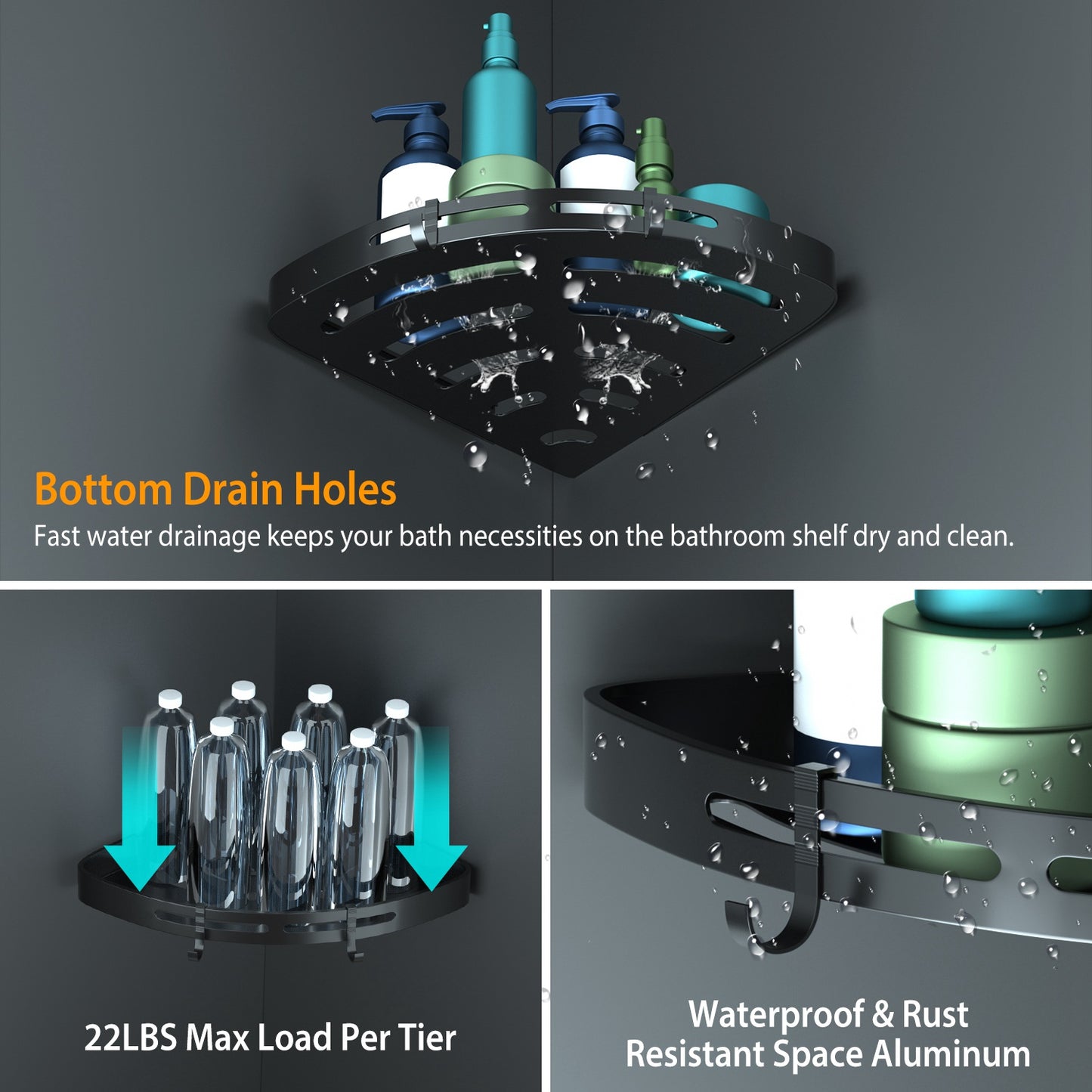 2Pcs Corner Shower Caddy Shelf Adhesive Bathroom Wall Mounted Storage Racks Aluminum Organizers For Bathroom Toilet Kitchen Dorm