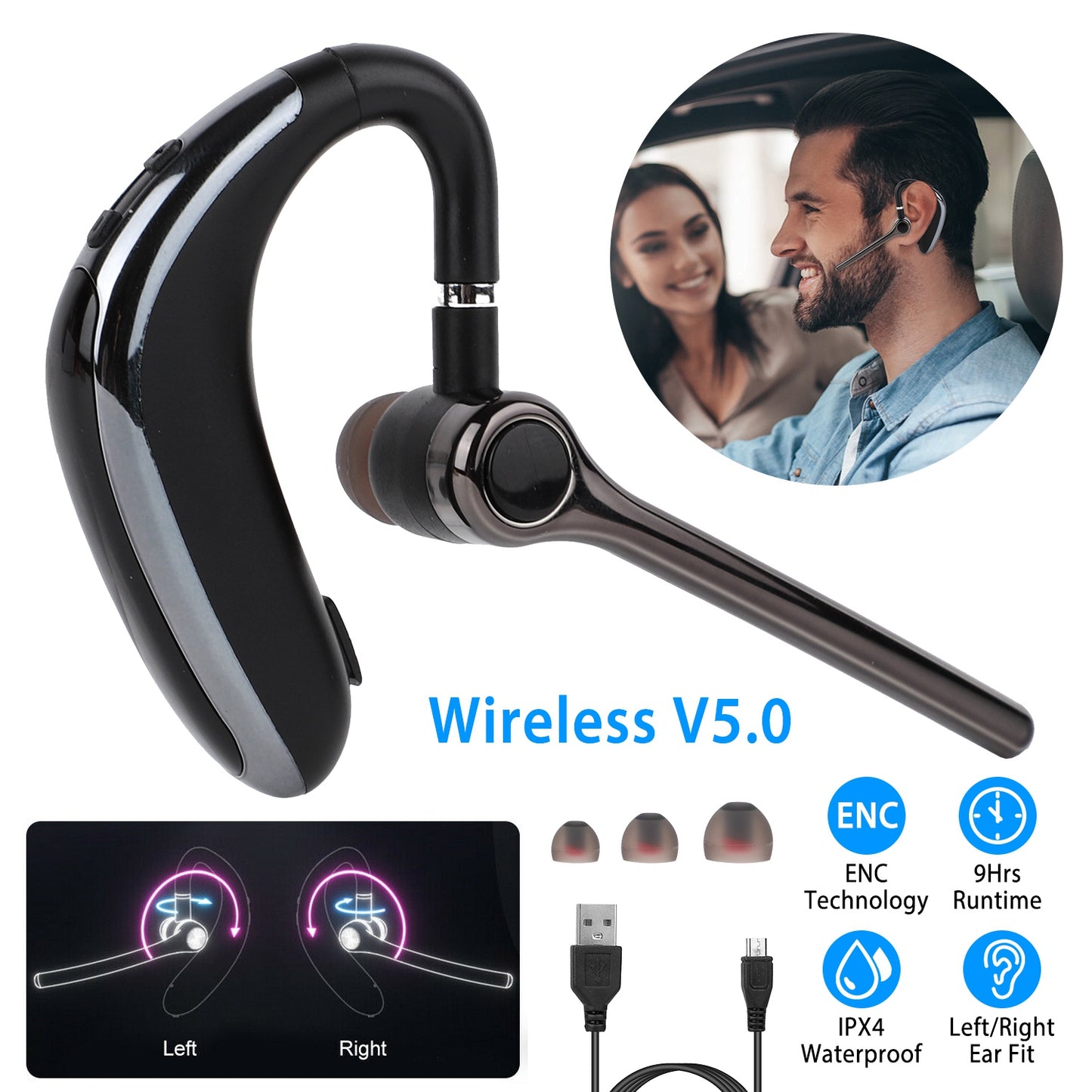 Wireless V5.0 Earpiece ENC Driving Earbuds 180¡ Rotatable Left Right Ear Fit Earphone For Business Driving Running