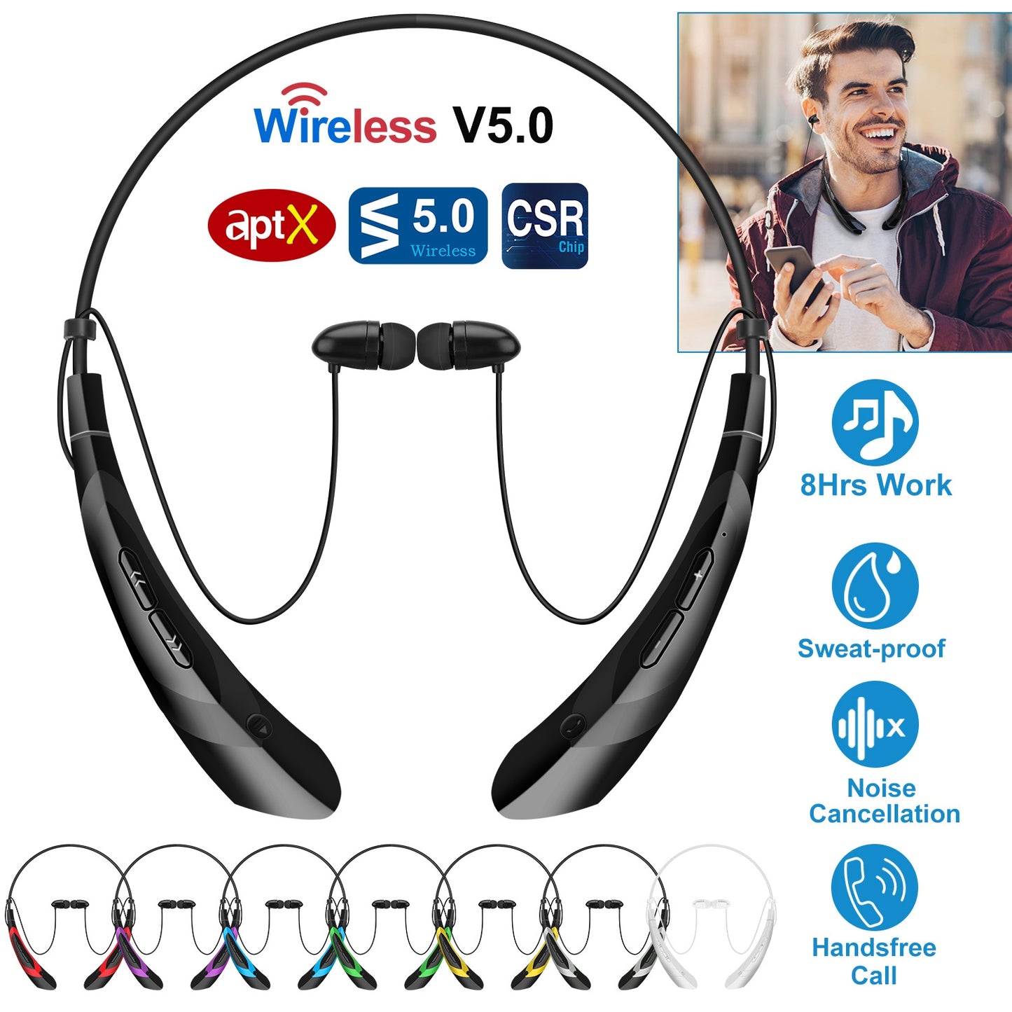 Wireless Neckband Headphones V5.0 Sweat-proof Sport Headsets Earbuds In-Ear Magnetic Neckbands Stereo Earphone Deep Bass Earphone w/Mic