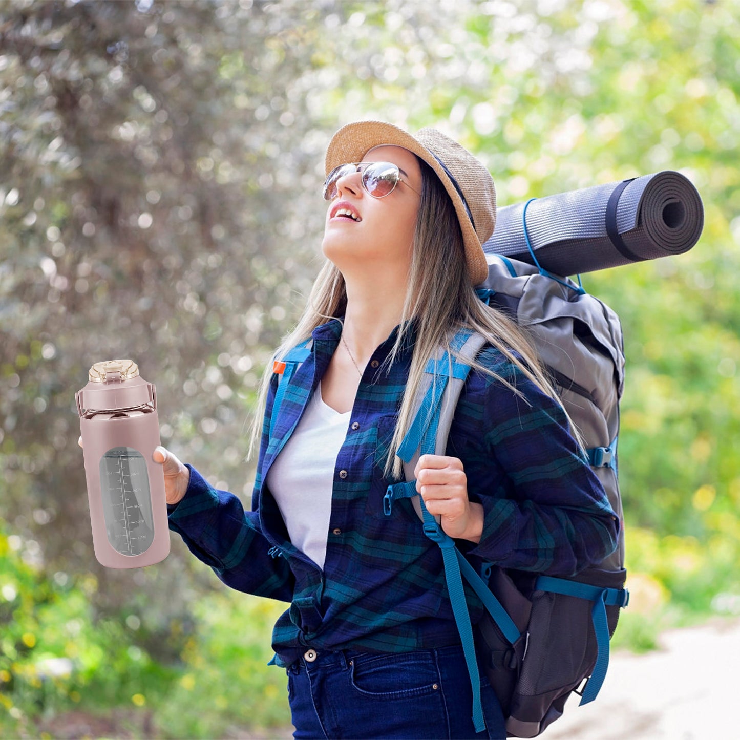 34Oz Glass Water Bottle Sports Water Bottle Motivational Water Bottle Water Intake Tracker Bottle with Straw Time Marker Silicone Sleeve Handle for Gy