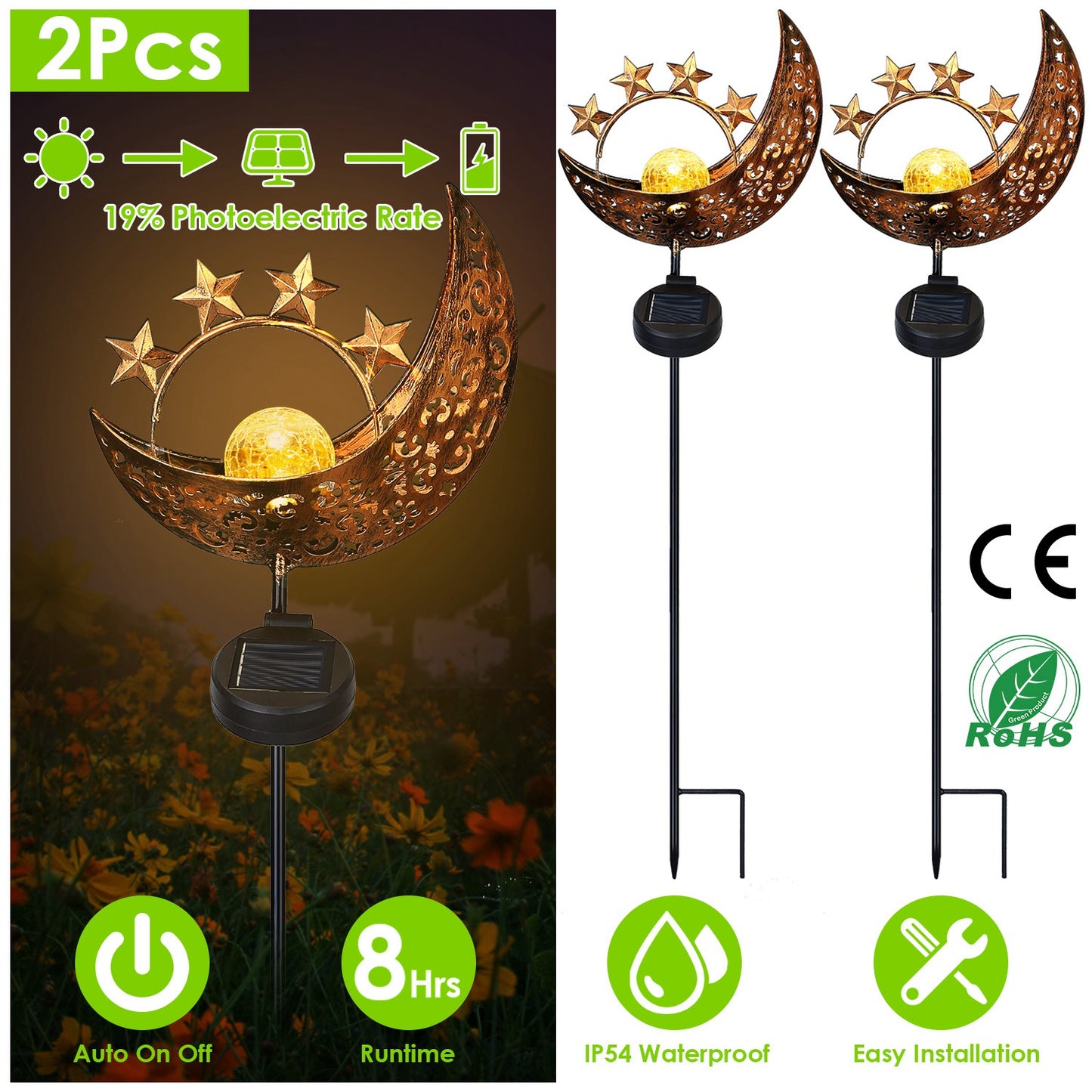 Solar Powered Moon Star Lamp IP54 Waterproof Decorative Lamp Crackle Glass Globe Stake Iron Lights For Garden Lawn Yard Driveway