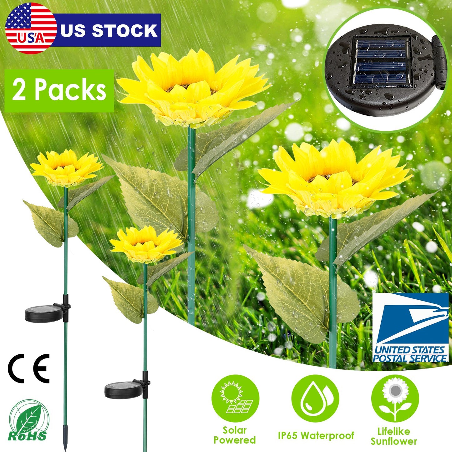 2Pcs Solar Powered Sunflower Lights 10 LED Decorative Stake Lamp IP65 Waterproof Pathway Landscape Lights For Garden Patio Yard Walkway