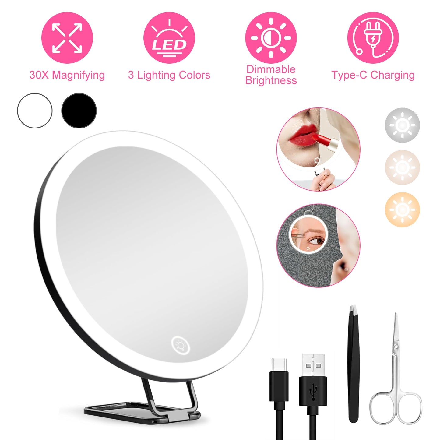 30X Magnifying Mirror With Light 3 Colors Dimmable Brightness Included Tweezer Scissor Travel Magnifying Makeup Mirror with Suction Cup 360¡ Adjusta