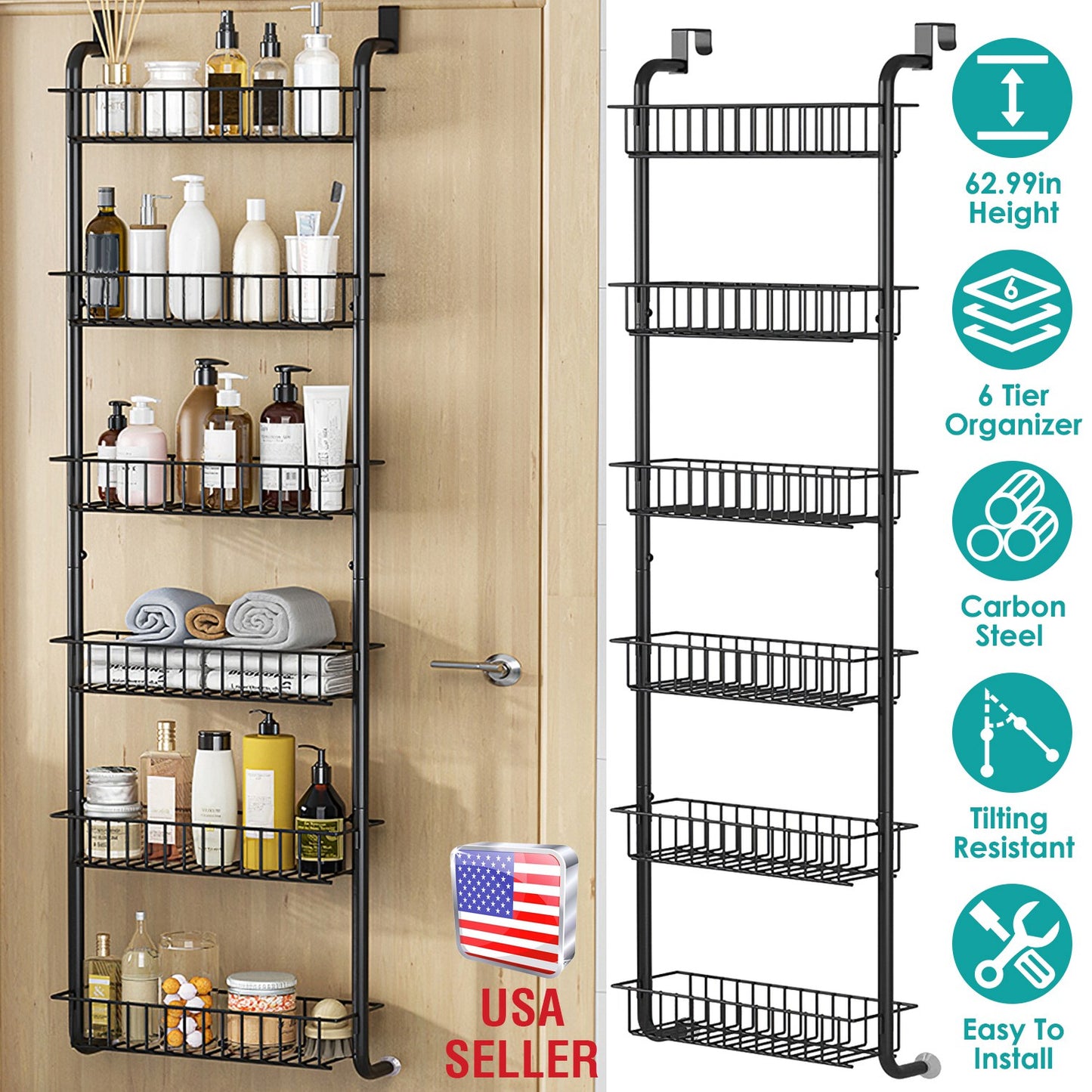 6 Tier Over Door Pantry Organizer Hanging Hooks Door Storage Rack Carbon Steel Basket 62.99in Over Door Shelf for Kitchen Bathroom