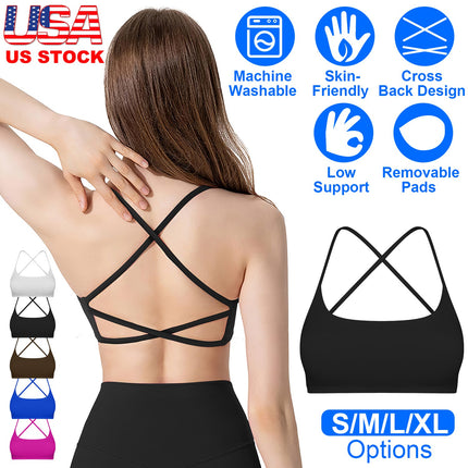 Women Cross Back Sport Bras Padded Strappy Crop Open Back Low Impact Bras Sexy Fitness Tank Tops with Removable Pads Thin Straps for Gym Yoga Workout