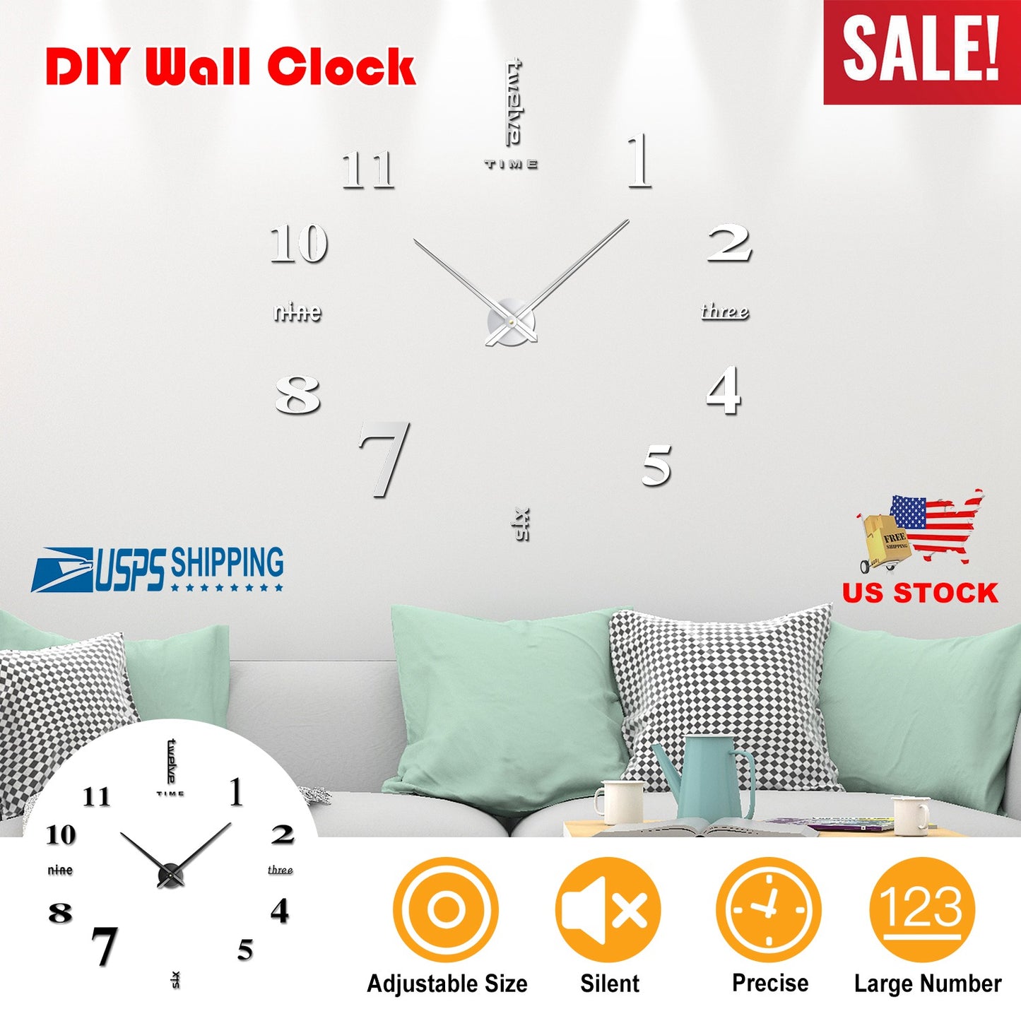 DIY Wall Clock 3D Mirror Surface Sticker Modern Art Wall Clock Home Office Decors Big Number Watch