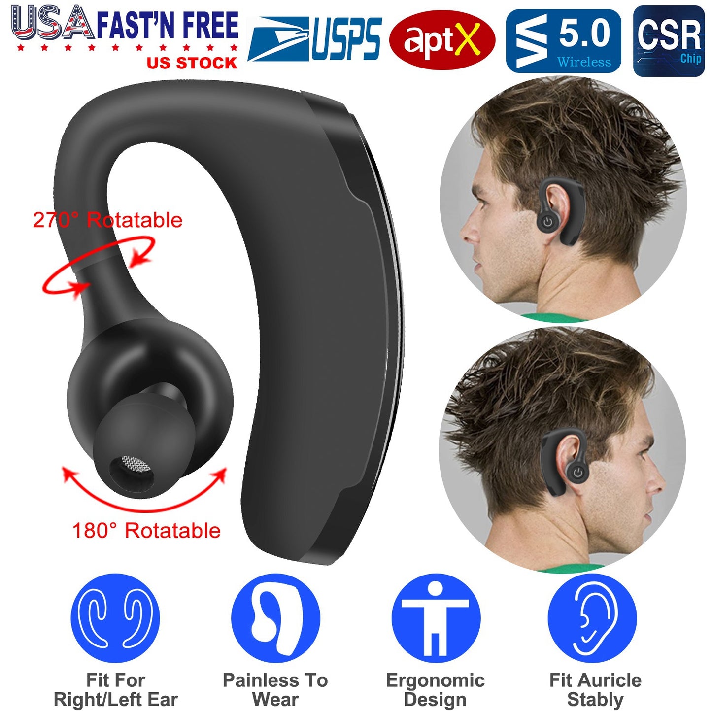 Title: Wireless V5.0 Earbuds In-Ear Earphones 10Hrs Playtime Ear Hook Earphone Waterproof HiFi Earpieces w/ Mic