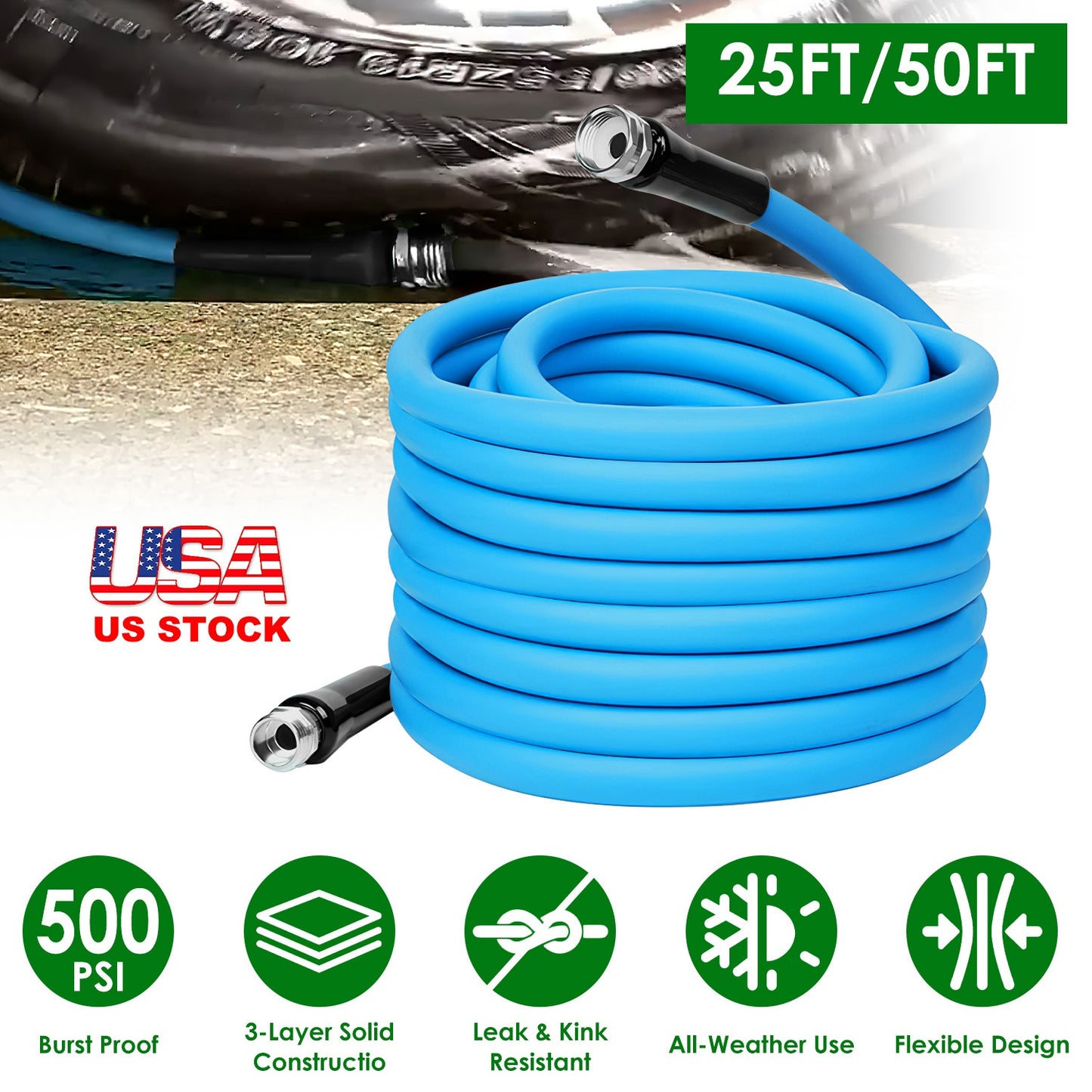 25FT/50FT 5/8" Non-Expanding Flexible Garden Hose Heavy Duty PVC Water Hose Leak-Resistant Kink-Free All-weather Burst 500PSI