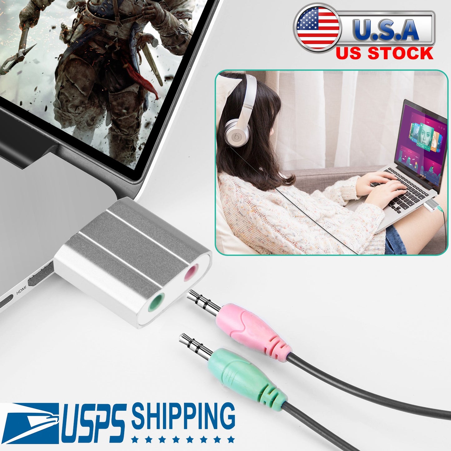 USB Audio Adapter External Stereo Sound Card w/ 3.5mm Headphone Microphone Jack Sound Converter For PC Laptops