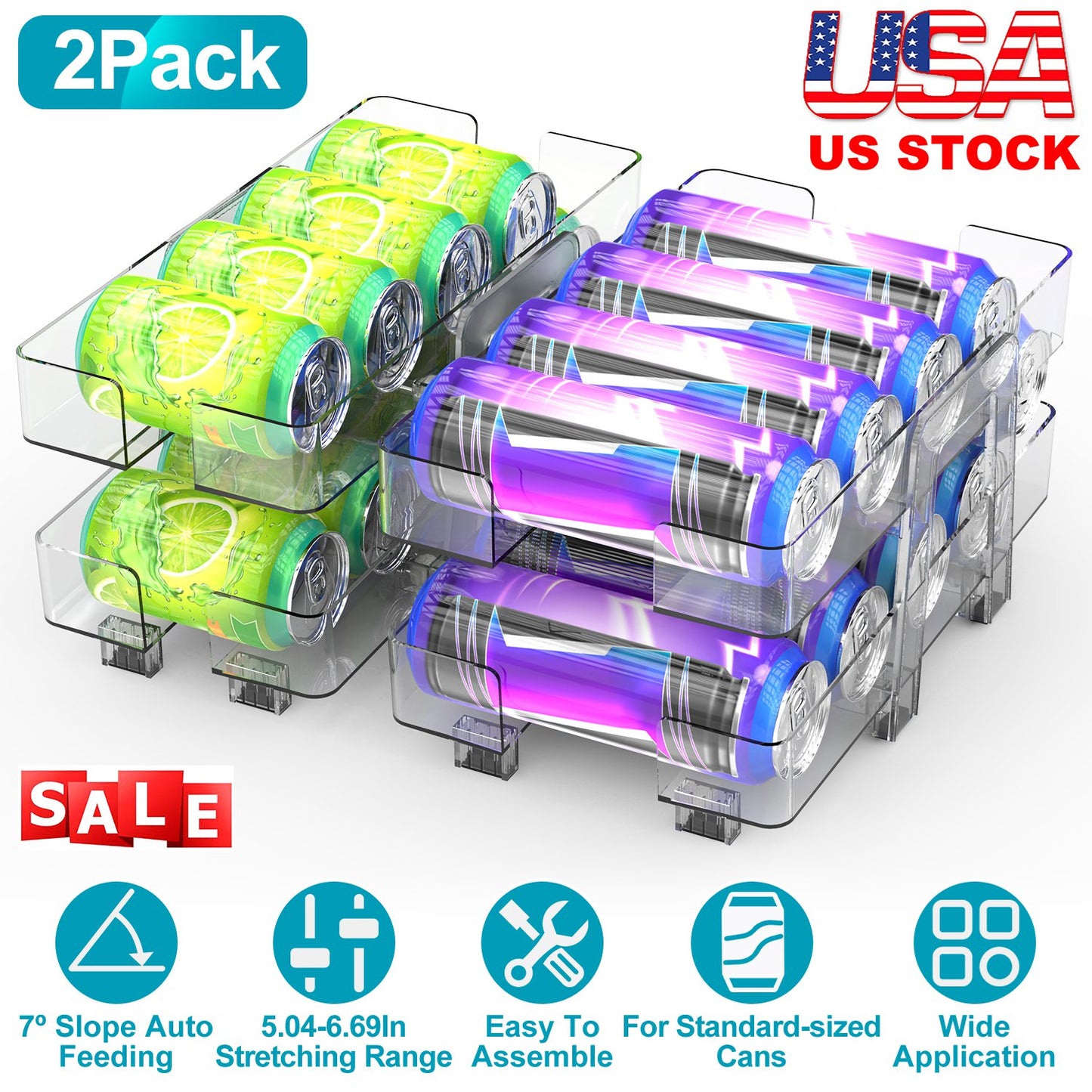 2Pack Adjustable Soda Can Organizers 2-Tier Pop Can Holders Beverage Dispensers For Fridge Pantry Cabinet 7¼ Slope Auto Rolling