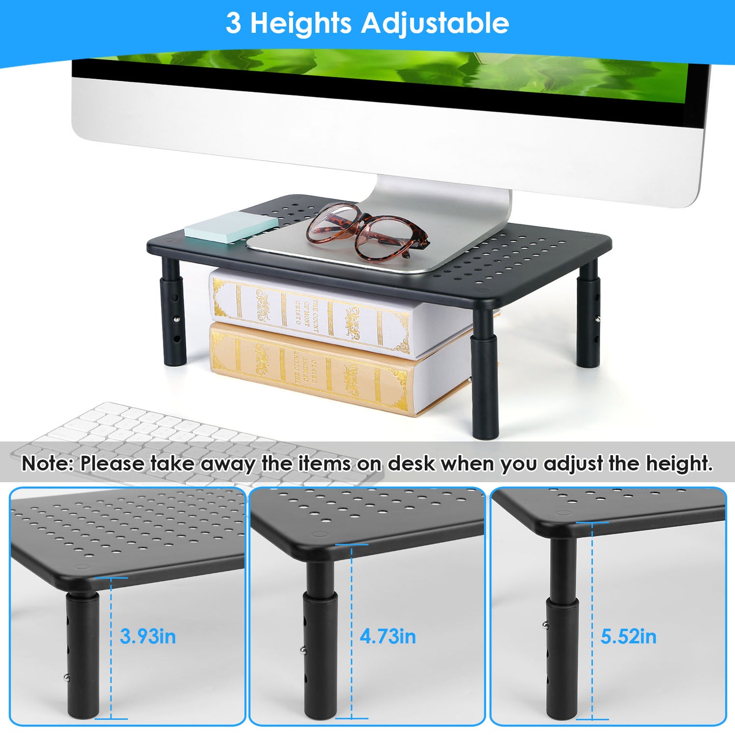 Monitor Stand Riser 3 Height Adjustable Desk Riser Organizer w/ Ventilation Holes For Desktop PC Laptop Printer