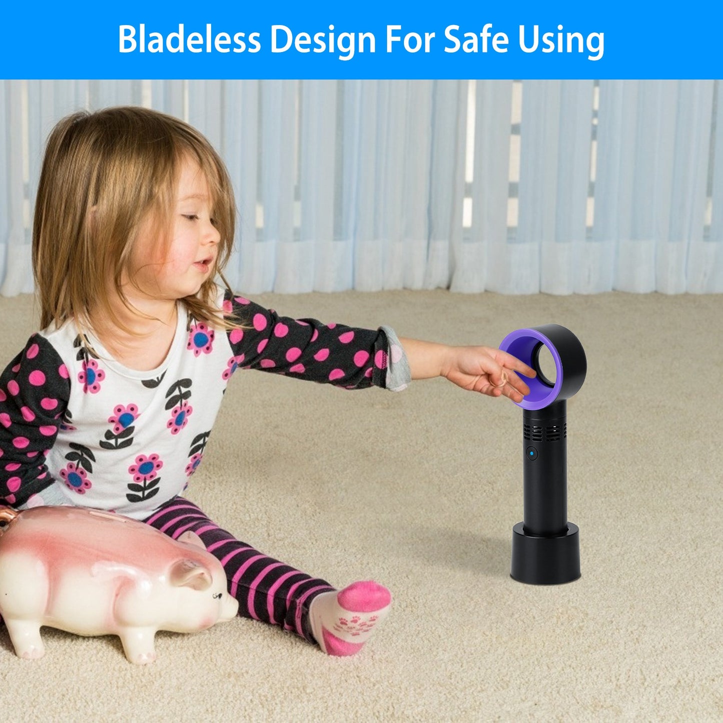 Portable Handheld Bladeless Fan Rechargeable Cooling USB Fan Desktop Use Fan w/ 3 Gears LED Indicator Cooling Fan