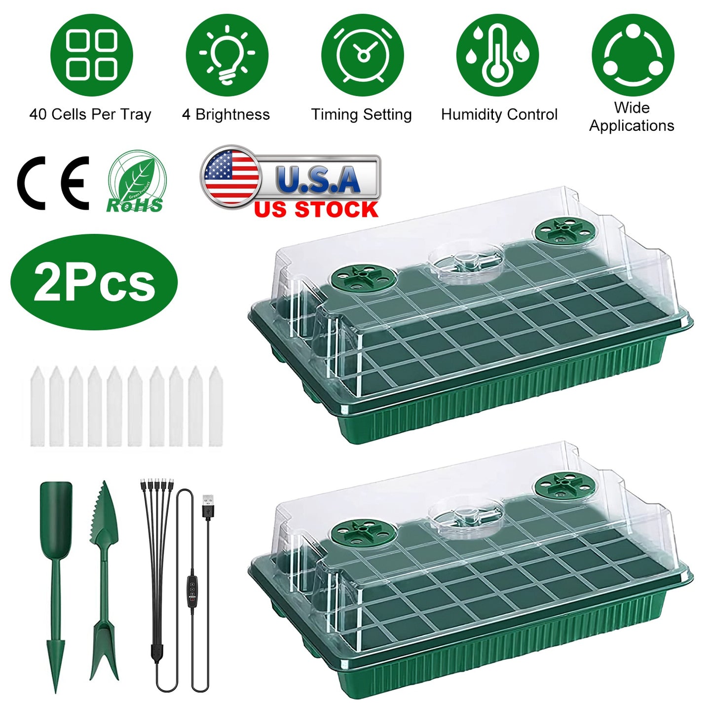 2Pcs 40 Cells Seed Starter Tray Plant Grow Light with 4 Adjustable Brightness Automatic Timing Setting Humidity Dome Plant Germination Garden
