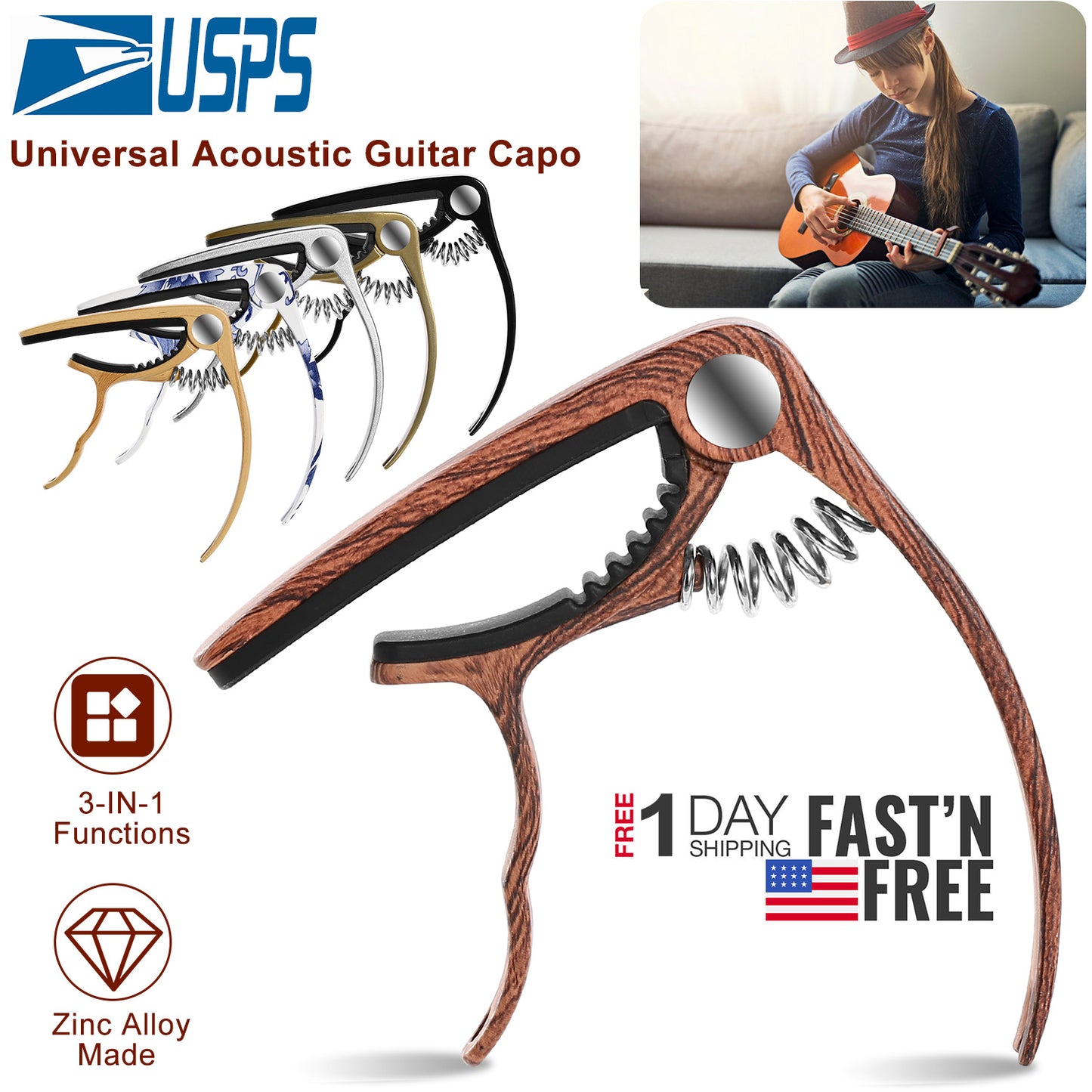 Universal Acoustic Guitar Capo 3 in 1 Zinc Alloy for Acoustic Electric Guitar Classical Acoustic Guitar Ukulele Guitar Tuning Accessories