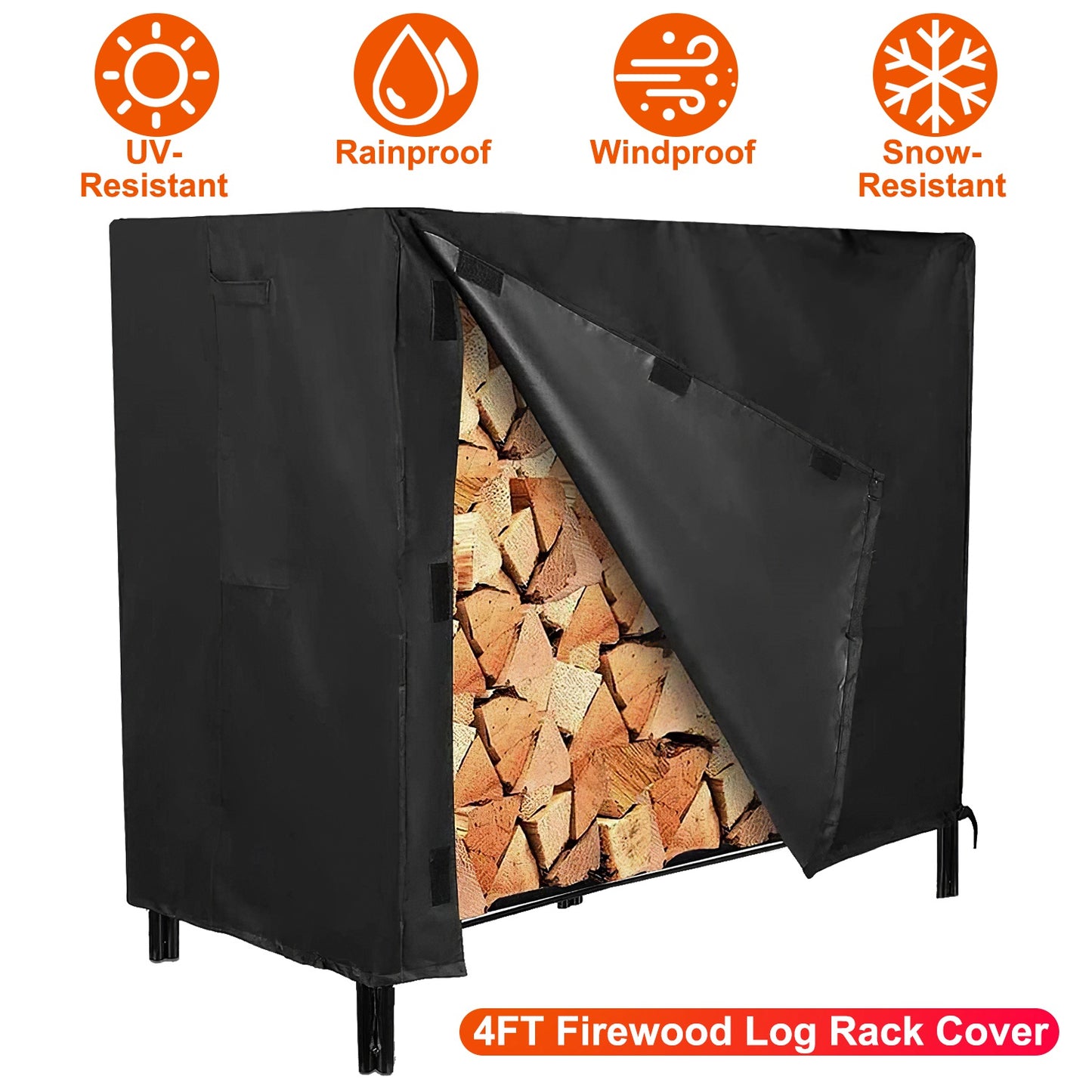 4FT Firewood Log Rack Cover Rectangular Wood Rack Cover 420D Oxford Fabric Waterproof Windproof UV Resistant Tear-resistant 48x24x42in Black