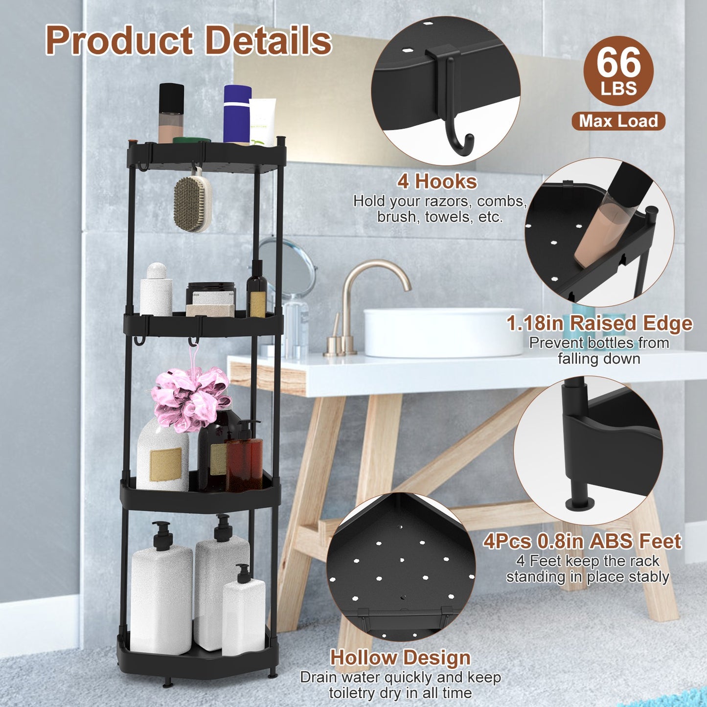 4 Tier Corner Shower Caddy Floor Standing Corner Shelf Carbon Steel Bathroom Storage Rack Organizer Stand with 4 Hooks for Bathroom Bathtub