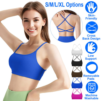Women Cross Back Sport Bras Padded Strappy Crop Open Back Low Impact Bras Sexy Fitness Tank Tops with Removable Pads Thin Straps for Gym Yoga Workout