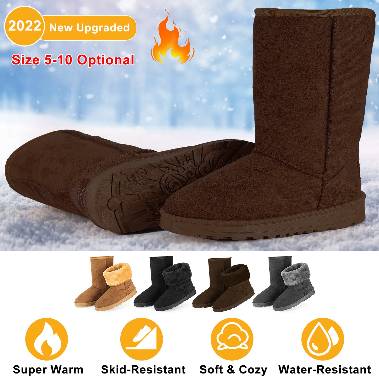 Women Ladies Snow Boots Waterproof Faux Suede Mid-Calf Boots Fur Warm Lining Shoes