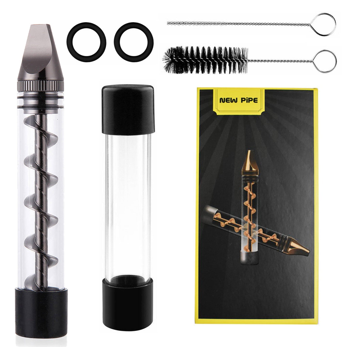 Glass Blunt Pipe Twisty 7-in-1 Grinder Blunt Kit w/ Smoking Metal Tip Cleaning Brush