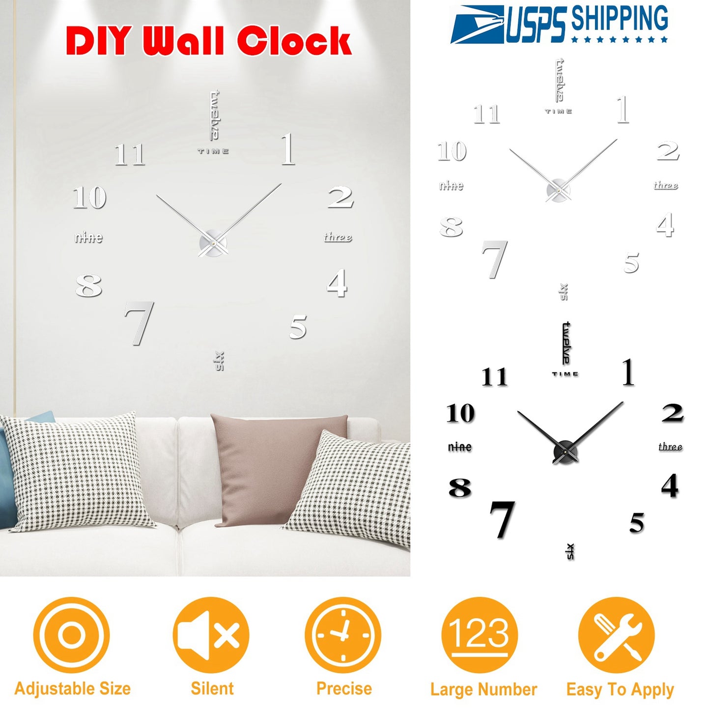 DIY Wall Clock 3D Mirror Surface Sticker Modern Art Wall Clock Home Office Decors Big Number Watch