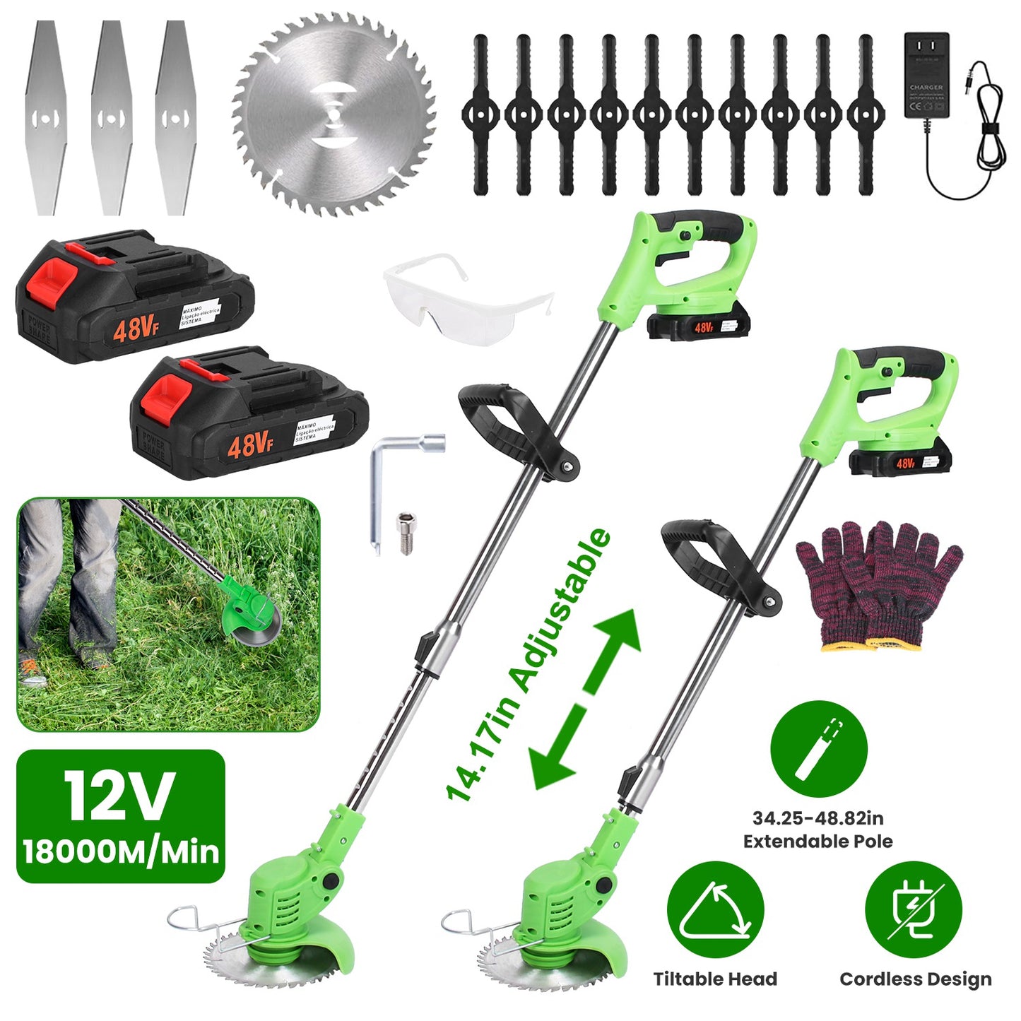 24V 300W Cordless Grass Trimmer Rechargeable Lawn Mower 18000M/Min Weed Cutter with Saw Blade 2 Stainless Steel Blades 10 Plastic Blades 2 Rechargeabl