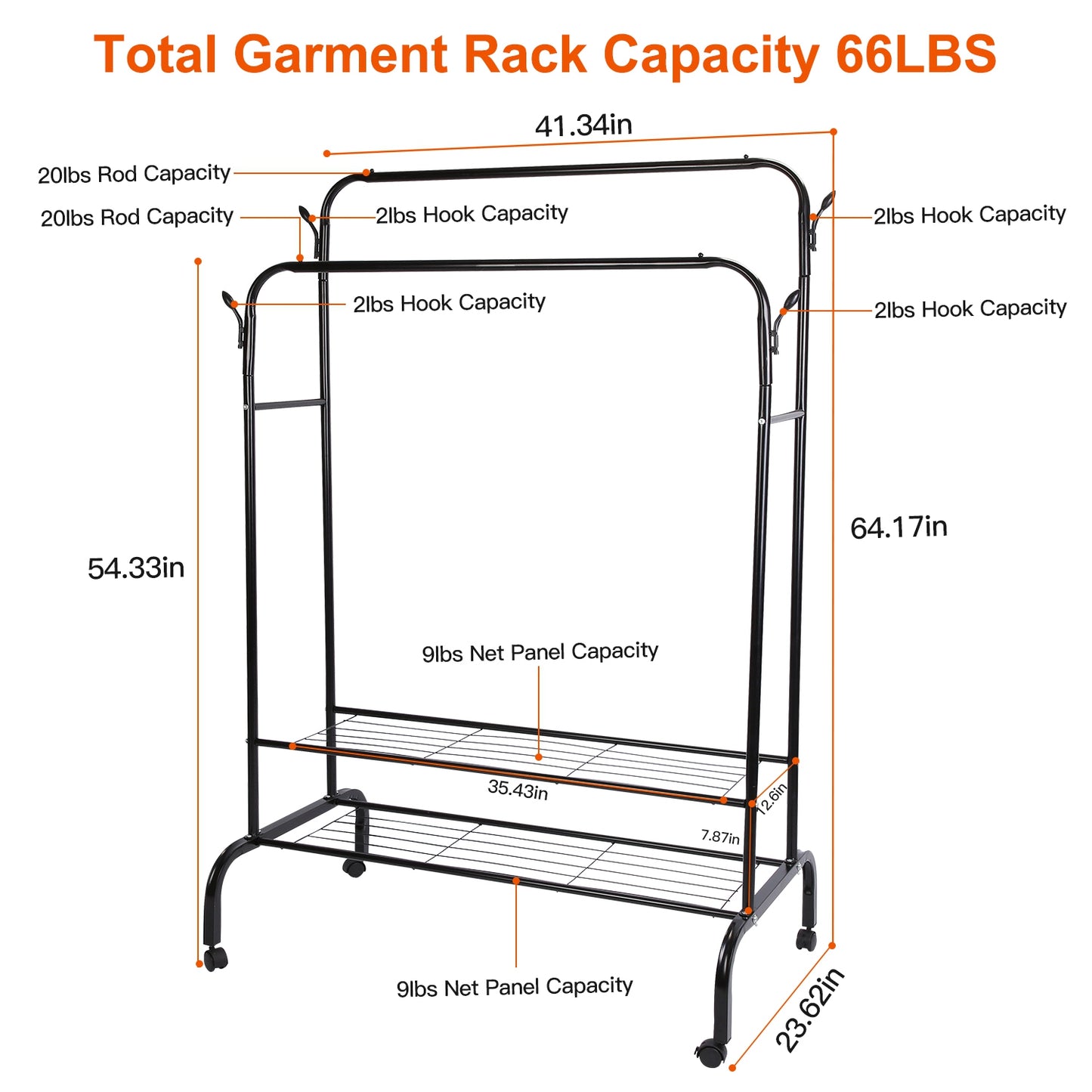 Garment Hanging Rack Clothing Hanging Rail Pillow Shoe Display Organizer Clothes Organizer Stand with 2 Rails 2 Shelves 4 Rolling Wheels 4 Hooks