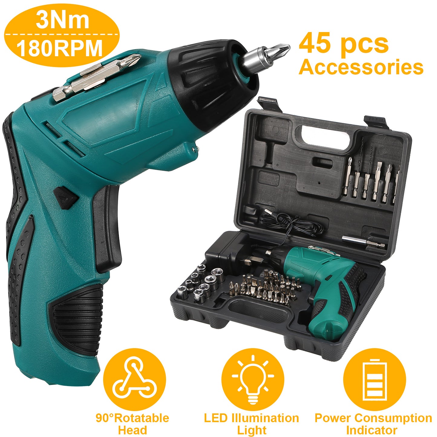 Cordless Electric Screwdriver Set Rechargeable 4.8V Drill Driver w/45 Drill Bits Carrying Case