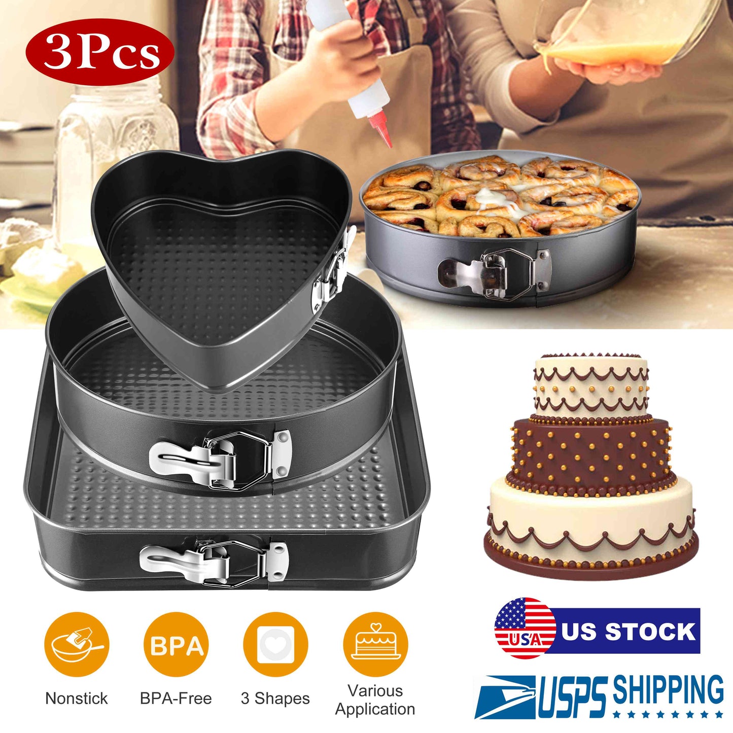 Non-stick Springform Cake Pan Leakproof 9"10"11" Bakeware Pan w/ Removable Bottom 3Pcs/Set