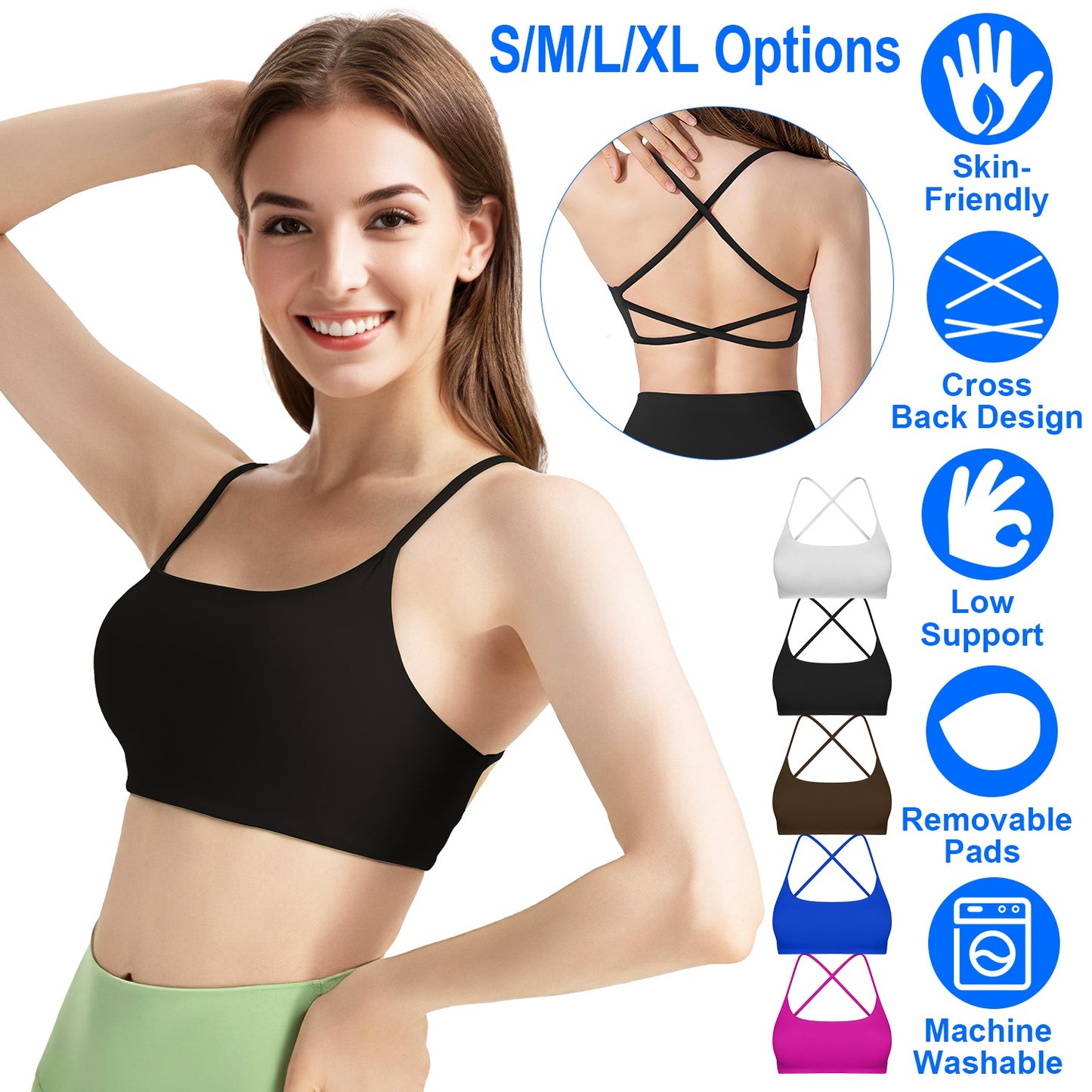 Women Cross Back Sport Bras Padded StrappyÊCrop Open Back Low Impact Bras SexyÊFitnessÊTank Tops with Removable Pads Thin Straps for Gym Yoga Workout