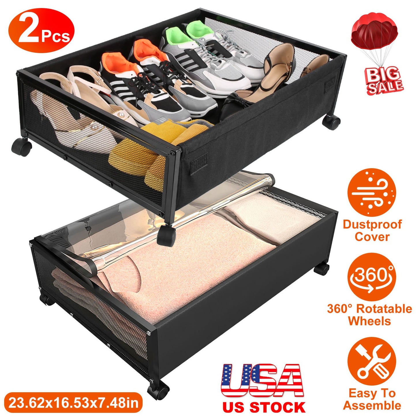 2Pcs Under Bed Storage Containers with 360¡ Rotatable Wheels Visible Dustproof Cover Under Bed Drawer with Clear Window Bedroom Storage Organizer