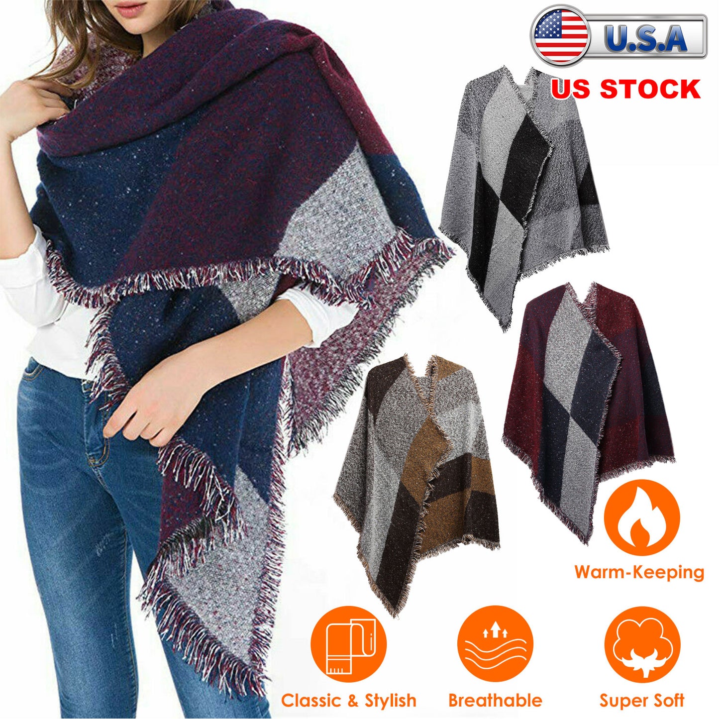 Women Winter Warm Scarf 74.8x25.6In Long Soft Knitted Shawl Extra Thick Plaid Blanket Wrap Cape