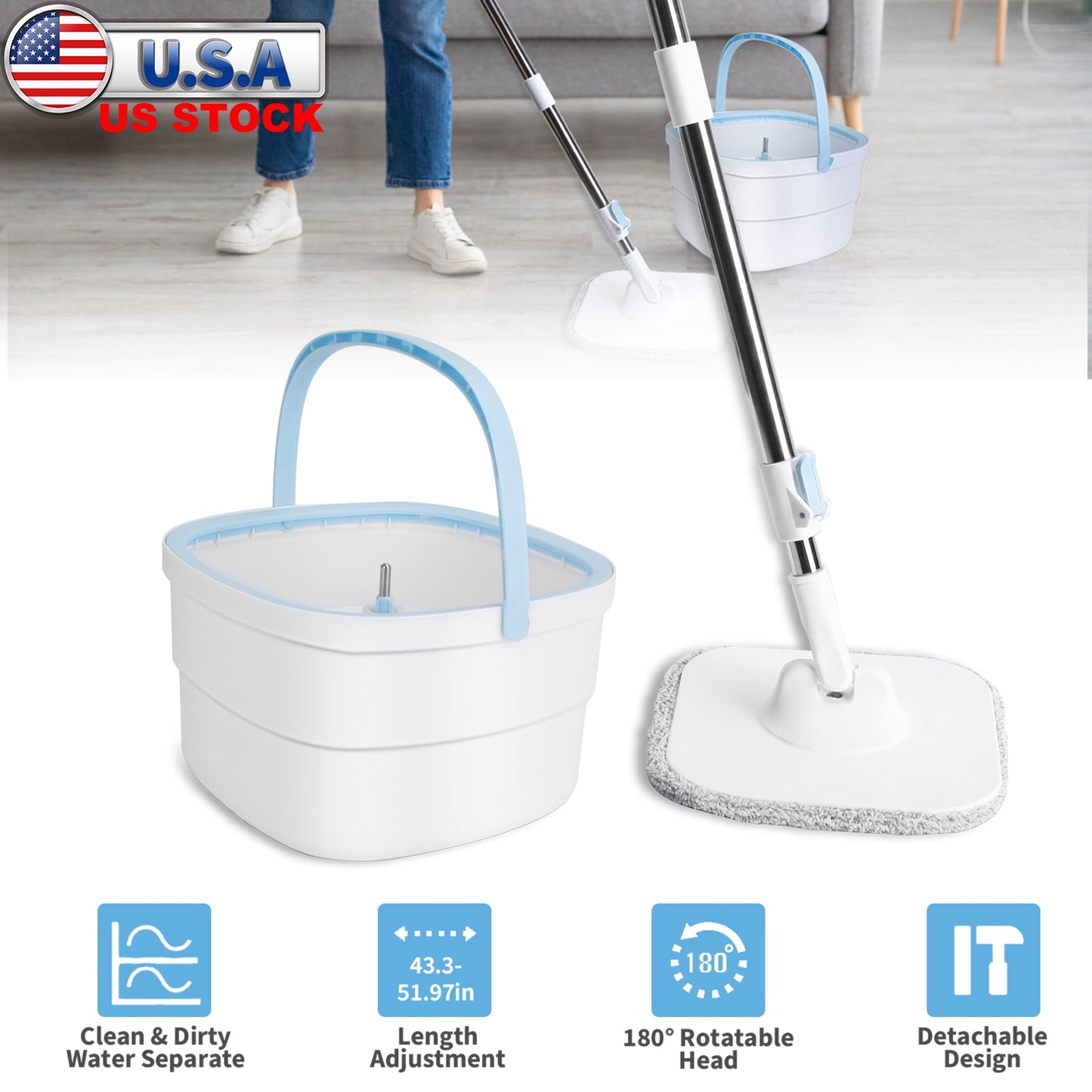 Spin Mop and Bucket with Wringer Set Flat Floor Mop with Clean and Dirty Water Separate System 2 Replaceable Reusable Washable Microfiber Mop Pads