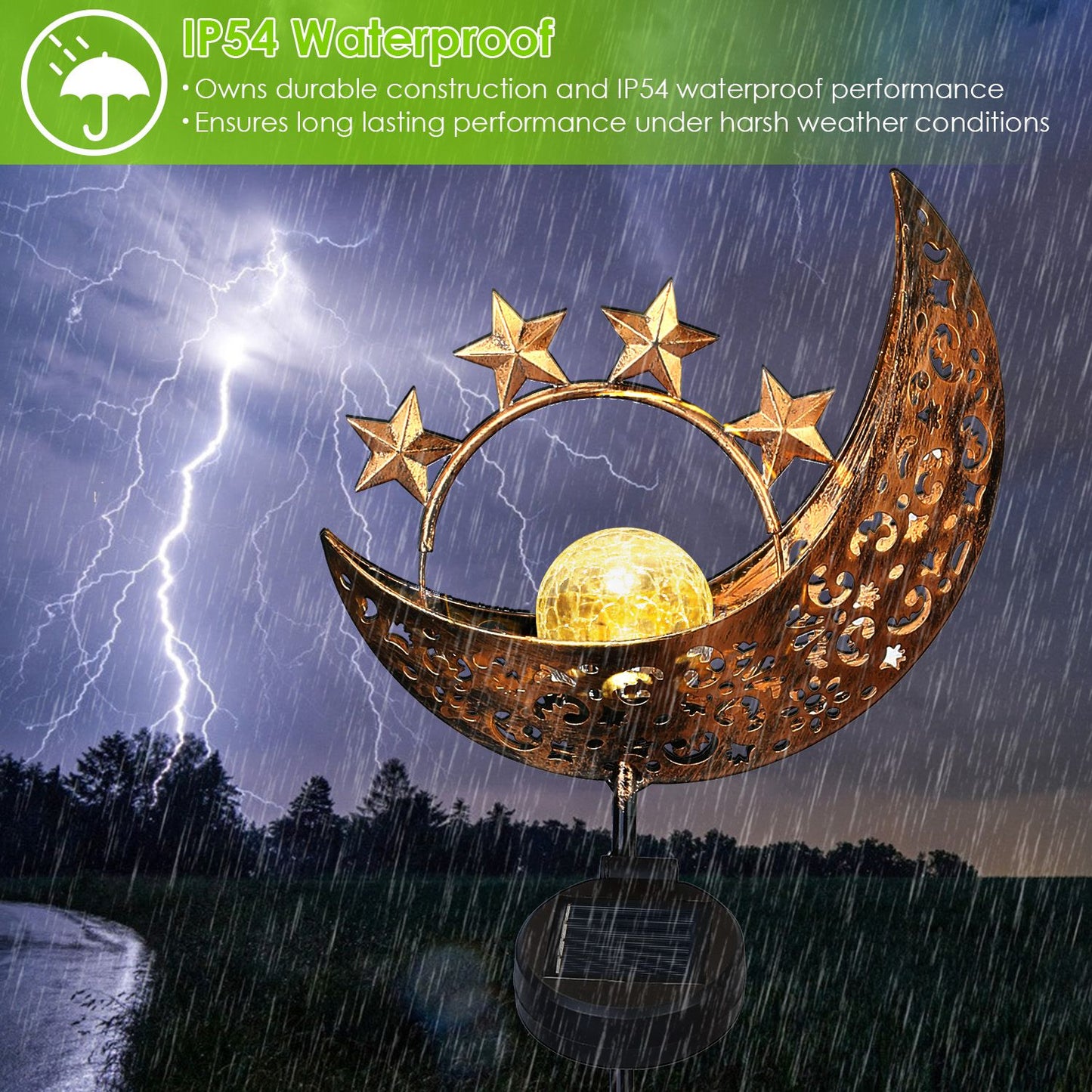 Solar Powered Moon Star Lamp IP54 Waterproof Decorative Lamp Crackle Glass Globe Stake Iron Lights For Garden Lawn Yard Driveway