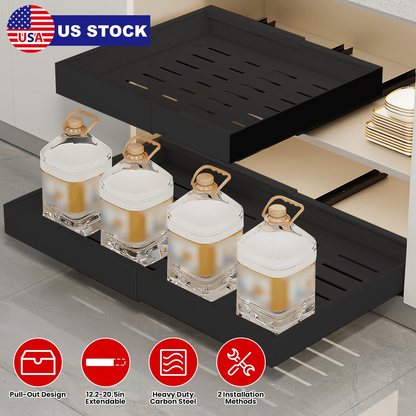 Expandable Pull out Cabinet Organizer Slide out Drawers Roll out Sliding Storage Self Carbon Steel with 12.2-20.5in Extendable Width 17lbs Max Load