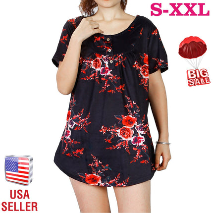 Women Summer Shirts Tops Loose Short Sleeve T Shirts Casual Floral Printed Button Shirts Blouse S-XXL