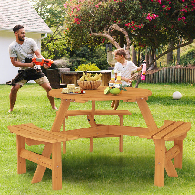 6-Person Round Picnic Table Set with 3 Built-in Benches and Umbrella Hole