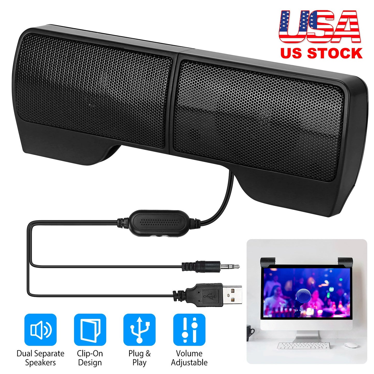 Clip-On Computer Sound Bar Portable USBÊStereo Mini Wired Speaker w/ Volume Control 3.5mm Jack For Desktop Computer Laptop Notebook PC Tablets Plug An
