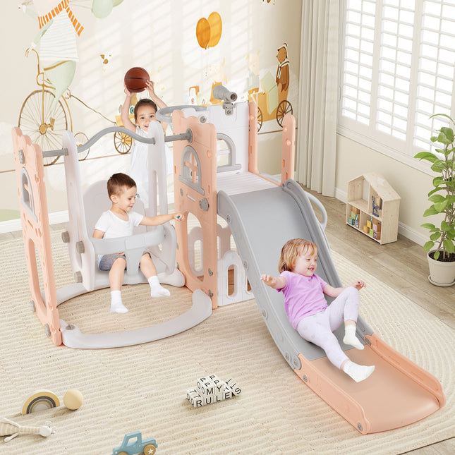 7-in-1 Toddler Swing and Slide Set L-shaped with Ladder and Basketball Hoop