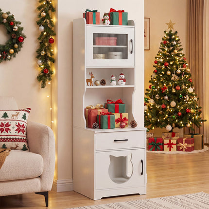Cat Litter Box Enclosure with LED Light & Charging Station