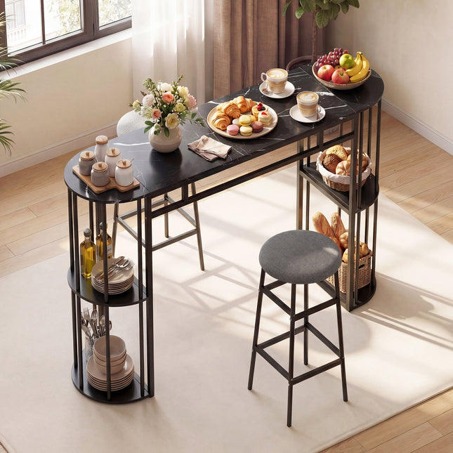 60 Inch Dining Table and 2 Upholstered Barstools with Faux Marble Tabletop