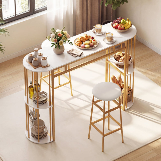60 Inch Dining Table and 2 Upholstered Barstools with Faux Marble Tabletop