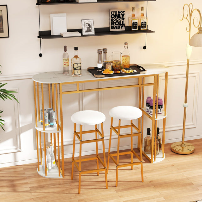 60 Inch Long Bar Table Narrow with Faux Marble Tabletop and Storage Shelves