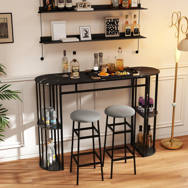 60 Inch Long Bar Table Narrow with Faux Marble Tabletop and Storage Shelves
