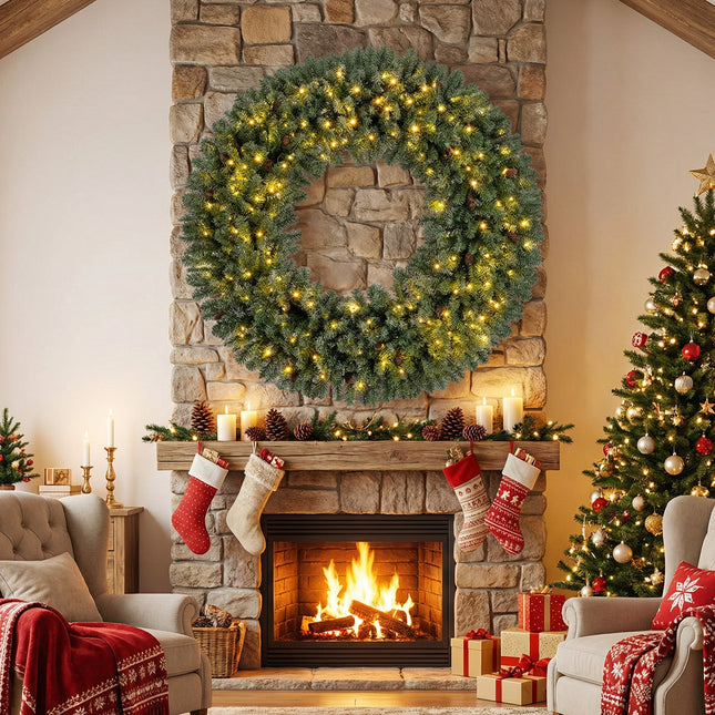60 Inch Pre-Lit Artificial Christmas Wreath 200 LED Warm White Lights