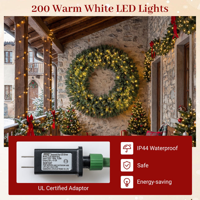 60 Inch Pre-Lit Artificial Christmas Wreath 200 LED Warm White Lights