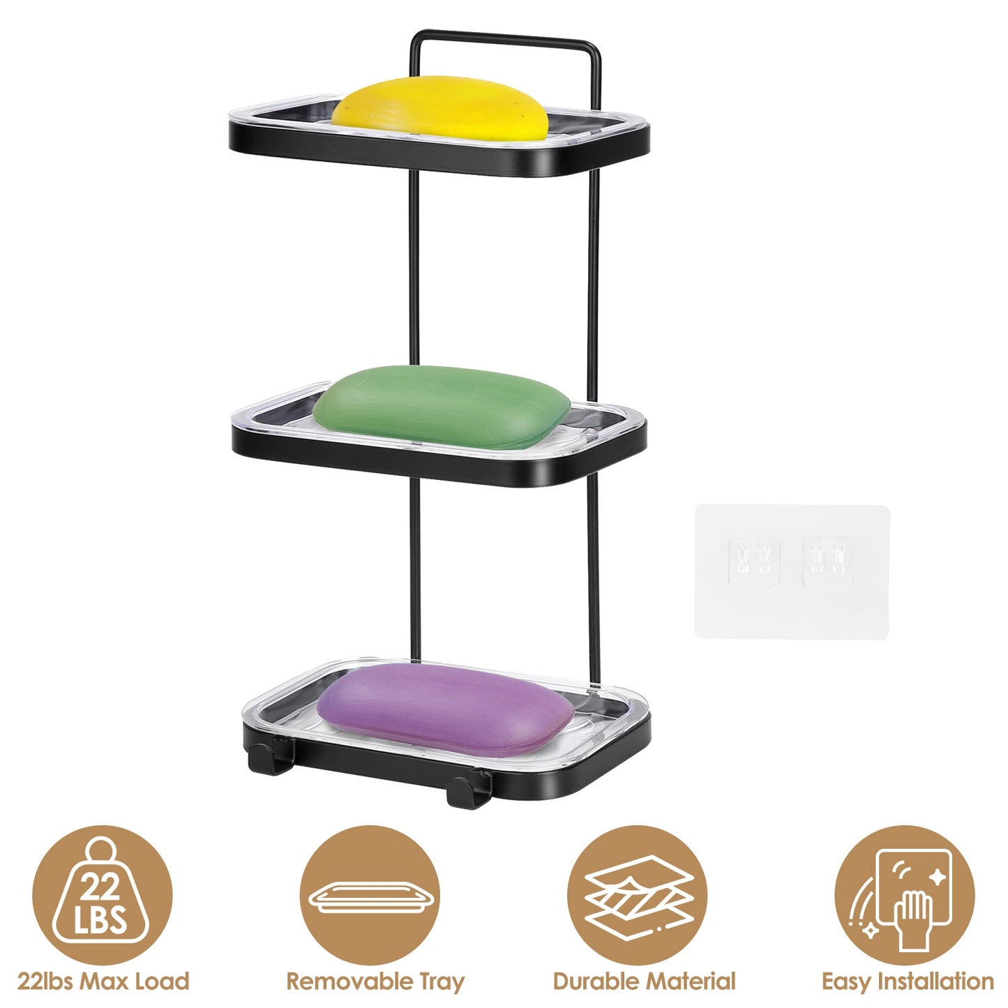 Soap Dish Soap Bar Holder Square Soap Rack Wall Mounted S Bar Shower Bathroom Self with 2 Hooks Clear Trays