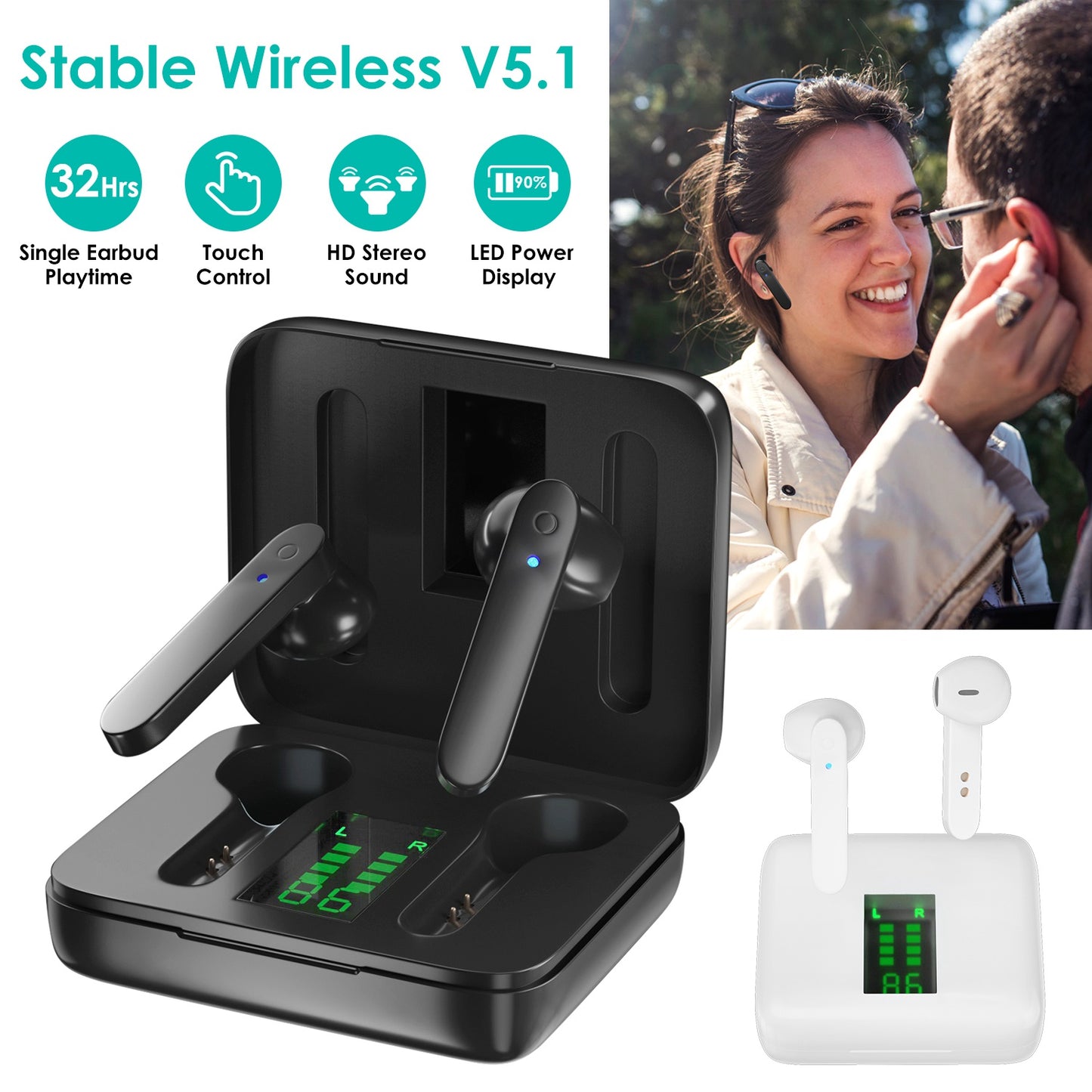 True Wireless Stereo V5.1 Earbuds Touch Control In-Ear TWS Headsets Headphone Earpiece with LED Display Magnetic Charging Case Built-in Mic