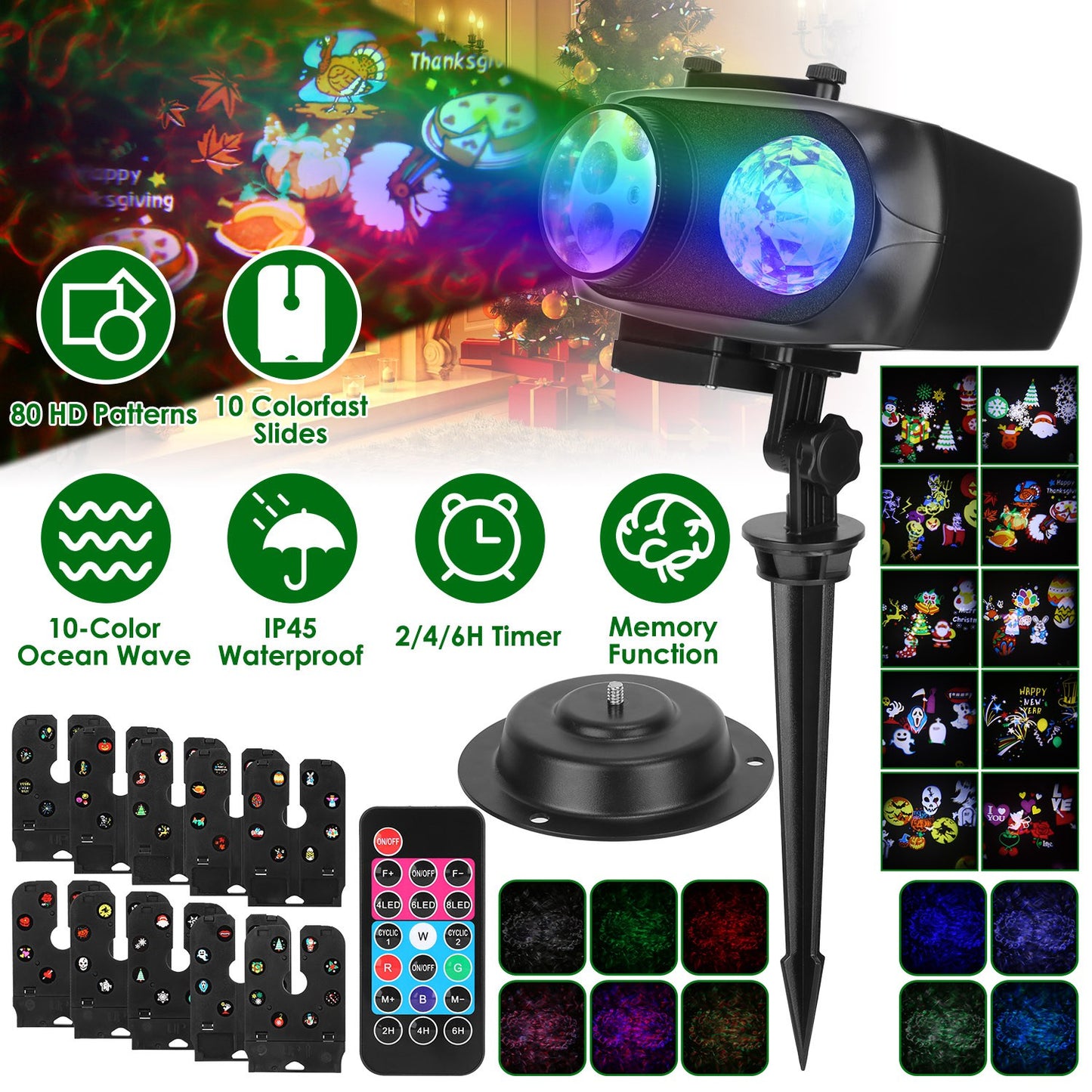 2 In 1 Holiday Projector Light Projection Lamp Indoor Outdoor with 10-Color Ocean Wave 10 HD Slides 3 Bases Remote Control for New Year Valentine\'s D
