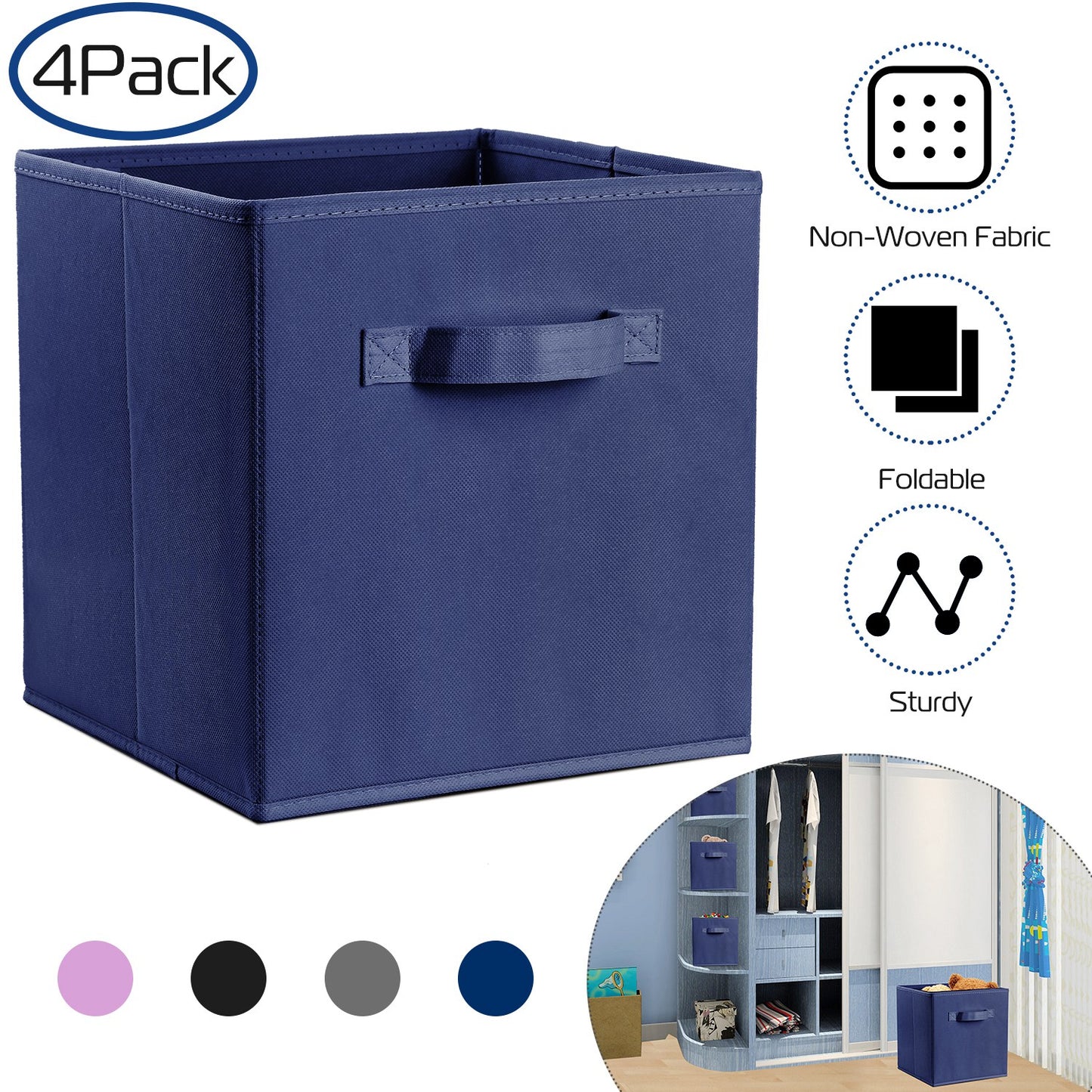 iMounTEK 4 Pack Foldable Storage Cube Bins Cloths Closet Space Organizer Basket Shelves Box for Clothes Toys Books Cabinet